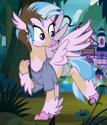 Size: 1030x1204 | Tagged: safe, artist:anonymous, derpibooru import, silverstream, classical hippogriff, hippogriff, clothes, human to hippogriff, shirt, shorts, show accurate, solo, transformation