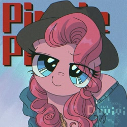 Size: 2000x2000 | Tagged: safe, artist:duvivi, derpibooru import, pinkie pie, earth pony, pony, testing testing 1-2-3, chains, eye clipping through hair, fedora, female, full face view, hat, head tilt, high res, lidded eyes, looking at you, mare, rapper pie, smiling, solo