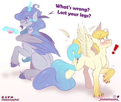 Size: 1700x1433 | Tagged: safe, artist:meowcephei, derpibooru import, oc, oc:exist, oc:prince plushy soft, alicorn, alicorn oc, commission, horn, male, tickling, wings