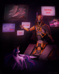 Size: 1280x1613 | Tagged: safe, artist:criedwolf28, derpibooru import, twilight sparkle, twilight sparkle (alicorn), alicorn, robot, computer screen, fanfic, fanfic art, fanfic cover, spaceship, stellaris