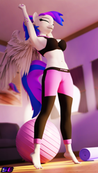 Size: 2160x3840 | Tagged: safe, artist:shadowboltsfm, derpibooru import, oc, oc:inkwell stylus, anthro, pegasus, plantigrade anthro, 3d, 4k, alternate hairstyle, barefoot, blender, bra, breasts, clothes, crop top bra, cute, eyes closed, feet, heel pop, nail polish, not sfm, pants, ponytail, smiling, stretching, underwear, wings, yoga pants