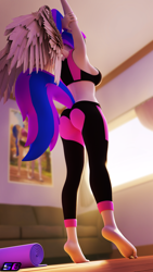 Size: 2160x3840 | Tagged: safe, artist:shadowboltsfm, derpibooru import, oc, oc:inkwell stylus, anthro, pegasus, plantigrade anthro, 3d, 4k, alternate hairstyle, barefoot, blender, bra, breasts, clothes, crop top bra, feet, heel pop, nail polish, not sfm, pants, ponytail, sideboob, stretching, underwear, wings, yoga pants