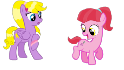 Size: 4368x2464 | Tagged: safe, artist:lnlaarts, derpibooru import, oc, oc only, oc:starry wishes, earth pony, pegasus, pony, 2022 community collab, base used, blue eyes, bracelet, derpibooru community collaboration, duo, duo female, female, filly, foal, folded wings, golden eyes, jewelry, looking at someone, looking back, mane, mare, ponytail, raised hoof, raised leg, simple background, smiling, standing, tail, transparent background, two toned mane, two toned tail, unnamed oc, wings