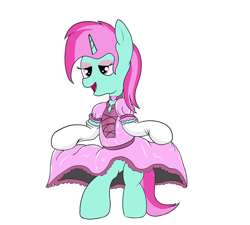 Size: 2000x1800 | Tagged: safe, artist:amateur-draw, derpibooru import, oc, oc:belle boue, pony, unicorn, bipedal, clothes, crossdressing, dress, dress lift, evening gloves, gloves, latex, long gloves, maid, makeup, male, simple background, sissy, solo, stallion, white background