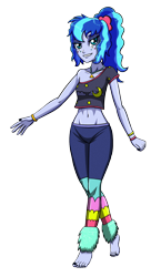 Size: 1728x2984 | Tagged: safe, artist:artemis-polara, derpibooru import, princess luna, equestria girls, 80s princess luna, barefoot, belly button, bracelet, breasts, clothes, feet, jewelry, nail polish, pants, ponytail, shirt, simple background, smiling, solo, transparent background, young luna