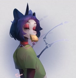 Size: 1984x2048 | Tagged: safe, artist:fedos, derpibooru import, anthro, unicorn, choker, clothes, food, makeup, sammich, sandwich, shirt, solo, t-shirt