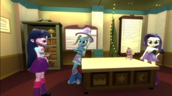 Size: 1024x575 | Tagged: safe, artist:undeadponysoldier, rarity, trixie, twilight sparkle, equestria girls, blinds, bookshelf, celestia's office, chatting, clothes, crossed arms, desk, female, hanging out, happy, leaning, male, raised eyebrow, skirt, smiling, spike the dog, talking, wand, window