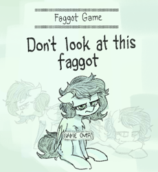 Size: 702x762 | Tagged: safe, alternate version, artist:plunger, derpibooru import, oc, oc:anon filly, pegasus, pony, annoyed, chest fluff, ears, faggot, female, filly, floppy ears, foal, game over, looking at you, lying down, pegasus oc, prone, race swap, sign, sitting, slur, text, the game, vulgar