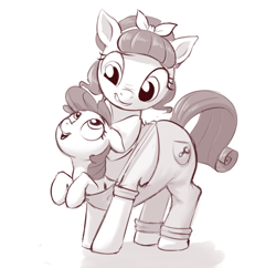 Size: 1463x1417 | Tagged: safe, artist:crade, apple bloom, torque wrench, earth pony, pony, clothes, duo, female, filly, foal, grayscale, looking at each other, looking down, looking up, mare, monochrome, overalls, simple background, white background