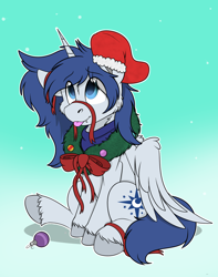 Size: 1744x2208 | Tagged: safe, artist:rokosmith26, derpibooru import, oc, oc only, oc:prince nova, alicorn, pony, alicorn oc, bow, cheek fluff, chest fluff, christmas, christmas stocking, christmas wreath, commission, ears, fangs, floppy ears, gradient background, holiday, horn, looking up, male, one ear down, raised hoof, raised leg, ribbon, shadow, simple background, sitting, smiling, solo, stallion, sweat, sweatdrop, tail, tongue, tongue out, unshorn fetlocks, wings, wreath, ych result