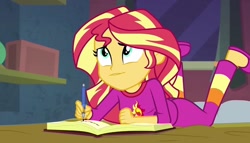 Size: 1255x720 | Tagged: safe, derpibooru import, screencap, sunset shimmer, better together, equestria girls, forgotten friendship, bed, book, bunset shimmer, butt, clothes, female, lying down, pajamas, solo