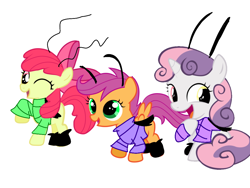 Size: 1024x768 | Tagged: safe, anonymous artist, derpibooru import, apple bloom, scootaloo, sweetie belle, cockroach, insect, pony, cutie mark crusaders, green eyes, oggy and the cockroaches, open mouth, ribbon, simple background, trio, white background