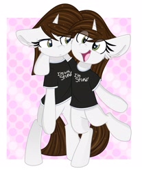 Size: 1786x2160 | Tagged: safe, artist:littleblackraencloud, derpibooru import, oc, oc only, oc:brittneigh ackermane, pony, unicorn, abstract background, bipedal, clothes, duo, duo female, ear fluff, ears, eye clipping through hair, female, frown, happy, horn, i'm with stupid, mare, open mouth, open smile, raised leg, self paradox, self ponidox, shirt, smiling, t-shirt, ych example, your character here