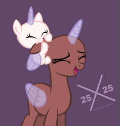 Size: 609x643 | Tagged: safe, artist:enifersuch, derpibooru import, oc, oc only, alicorn, pony, alicorn oc, baby, baby pony, bald, base, biting, duo, ear bite, ears, eyelashes, eyes closed, female, filly, floppy ears, foal, horn, mare, purple background, simple background, smiling, wings