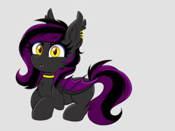 Size: 1007x756 | Tagged: safe, artist:rand-dums, derpibooru import, oc, oc only, bat pony, pony, bat pony oc, choker, ear tufts, fangs, female, lying down, prone, simple background, solo