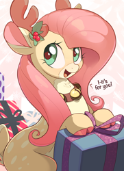 Size: 2000x2768 | Tagged: safe, artist:nookprint, derpibooru import, fluttershy, deer, reindeer, antlers, aside glance, bell, bell collar, chest fluff, christmas, cloven hooves, coat markings, collar, cute, doe, facial markings, female, flutterdeer, gift giving, high res, holiday, holly, looking at you, open mouth, open smile, pale belly, present, reindeer antlers, reindeerified, shyabetes, sitting, smiling, snip (coat marking), solo, species swap, speech bubble, talking to viewer, three quarter view