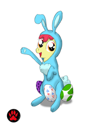 Size: 1500x1999 | Tagged: safe, artist:darkprinceismyname, derpibooru import, apple bloom, earth pony, pony, animal costume, bunny costume, clothes, costume, easter, easter egg, holiday, simple background, solo, white background