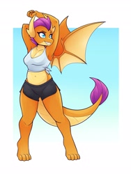Size: 2700x3600 | Tagged: safe, alternate version, artist:ambris, derpibooru import, smolder, anthro, digitigrade anthro, dragon, arm behind head, barefoot, belly button, breasts, clothes, dragoness, eyebrows, eyelashes, fangs, feet, female, gradient background, high res, lizard breasts, lizard navel, midriff, reasonably sized breasts, shorts, smiling, smolder-boulders, solo, stretching, tanktop, wings