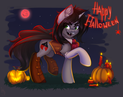 Size: 1650x1300 | Tagged: safe, artist:falafeljake, derpibooru import, pony, unicorn, boots, candle, cape, clothes, commission, disguise, disguised siren, fangs, halloween, holiday, horn, jack-o-lantern, kellin quinn, looking at you, male, open mouth, ponified, pumpkin, raised hoof, raised leg, shoes, sleeping with sirens, socks, stallion, text, ych result