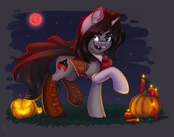 Size: 1650x1300 | Tagged: safe, alternate version, artist:falafeljake, derpibooru import, pony, unicorn, boots, candle, cape, clothes, commission, disguise, disguised siren, fangs, halloween, holiday, horn, jack-o-lantern, kellin quinn, looking at you, male, open mouth, ponified, pumpkin, raised hoof, raised leg, shoes, sleeping with sirens, socks, stallion, ych result