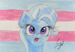 Size: 2067x1447 | Tagged: safe, artist:engi, derpibooru import, trixie, pony, unicorn, cute, female, looking at you, mare, open mouth, pride, pride flag, simple background, solo, traditional art, transgender pride flag, watercolor painting