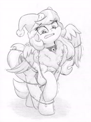 Size: 4602x6136 | Tagged: safe, artist:zemer, derpibooru import, oc, oc:feather belle, pegasus, pony, adorable distress, bell, bell collar, chest fluff, christmas, christmas lights, collar, cute, fluffy, hair tie, hat, holiday, monochrome, pencil drawing, raised leg, santa hat, solo, tied up, traditional art, wings