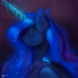 Size: 2160x2160 | Tagged: safe, artist:tenebrisnoctus, derpibooru import, princess luna, alicorn, pony, ethereal mane, eyes closed, female, galaxy mane, glowing, glowing horn, horn, horn jewelry, jewelry, mare, signature, solo