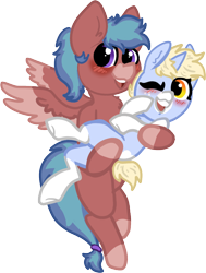 Size: 744x982 | Tagged: safe, artist:nootaz, derpibooru import, oc, oc:blitz razorwind, oc:nootaz, pegasus, unicorn, 2022 community collab, blushing, derpibooru community collaboration, one eye closed, pony carrying, simple background, smiling, spread wings, transparent background, wings