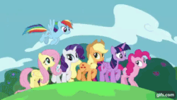 Size: 640x360 | Tagged: safe, derpibooru import, screencap, applejack, fluttershy, pinkie pie, rainbow dash, rarity, twilight sparkle, twilight sparkle (alicorn), alicorn, earth pony, pegasus, pony, unicorn, all bottled up, season 7, animated, applejack's hat, autumn, best friends until the end of time, clothes, cowboy hat, doctor who, female, flying, gif, gifs.com, hat, mane six, mare, open mouth, open smile, smiling, snow, summer, sunglasses, time lapse, winter