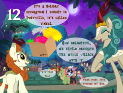 Size: 1280x960 | Tagged: safe, artist:aeonkrow, artist:bronybyexception, artist:byteslice edits, artist:cirillaq, artist:iknowpony, artist:litrojia, derpibooru import, edit, autumn blaze, forest fall, rain shine, kirin, nirik, advent calendar, box, christmas, dialogue, female, forest, holiday, kirin village, mare, moon, night, nirik fire, this will end in fire, tinsel