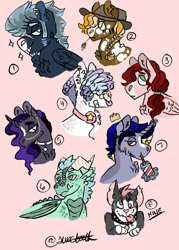 Size: 500x700 | Tagged: safe, artist:strawberrysharkie, derpibooru import, oc, oc only, oc:brilliant diamond, oc:cherry cox, oc:comet kicker, oc:gumball bounce, oc:pumpkin patch, oc:sleet storm, oc:thorn, diamond dog, dragon, earth pony, pegasus, pony, unicorn, bust, collar, cowboy hat, drink, drinking, ear fluff, ear piercing, earring, ears, female, hair over eyes, hat, headphones, jewelry, levitation, magic, male, mare, nose piercing, offspring, parent:applejack, parent:big macintosh, parent:fancypants, parent:flash sentry, parent:fluttershy, parent:pinkie pie, parent:pokey pierce, parent:princess ember, parent:rainbow dash, parent:rarity, parent:soarin', parent:spike, parent:trouble shoes, parent:twilight sparkle, parents:emberspike, parents:flashlight, parents:fluttermac, parents:pokeypie, parents:raripants, parents:soarindash, parents:troublejack, piercing, pink background, simple background, stallion, straw in mouth, telekinesis, tongue, tongue out