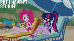 Size: 1280x720 | Tagged: safe, derpibooru import, edit, edited screencap, editor:quoterific, screencap, feather bangs, pinkie pie, sci-twi, twilight sparkle, equestria girls, equestria girls series, friendship math, barefoot, beach, clothes, duo, duo female, feet, female, geode of sugar bombs, geode of telekinesis, glasses, jewelry, lounge chair, magazine, magazine cover, magical geodes, male, necklace, one-piece swimsuit, open mouth, ponytail, sandals, sleeveless, smiling, sunglasses, swimsuit, umbrella