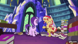 Size: 640x360 | Tagged: safe, derpibooru import, screencap, starlight glimmer, sunset shimmer, pony, unicorn, equestria girls, mirror magic, spoiler:eqg specials, animated, bipedal, book, ears, eyes closed, female, floppy ears, gif, gifs.com, library, mare, smiling, twilight's castle, twilight's castle library