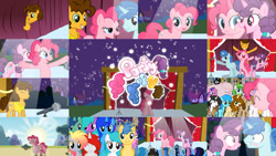 Size: 1280x721 | Tagged: safe, artist:spacereverse, derpibooru import, edit, editor:quoterific, cheese sandwich, party favor, pinkie pie, sugar belle, oc, oc:fluffle puff, earth pony, pegasus, pony, unicorn, ^^, bipedal, blushing, eyes closed, female, male, mare, microphone, night, nose in the air, open mouth, open smile, party of four, pmv, smiling, stallion