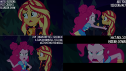 Size: 1280x720 | Tagged: safe, derpibooru import, edit, edited screencap, editor:quoterific, screencap, pinkie pie, sunset shimmer, equestria girls, equestria girls series, sunset's backstage pass!, spoiler:eqg series (season 2), clothes, cutie mark on clothes, female, geode of empathy, geode of sugar bombs, magical geodes, music festival outfit, night, open mouth