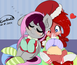 Size: 3000x2528 | Tagged: safe, artist:freefraq, derpibooru import, oc, oc only, oc:cherry slime, oc:lilac san, bat pony, goo, goo pony, original species, bat pony oc, christmas, clothes, cute, hat, holiday, hoodie, onomatopoeia, santa hat, scarf, sleeping, socks, sound effects, striped socks, zzz