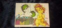 Size: 4640x2088 | Tagged: safe, artist:julunis14, derpibooru import, oc, oc only, oc:degrano, oc:jessy melody, earth pony, pony, dj table, headphones, musical instrument, photo, record player, saxophone, traditional art