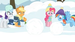 Size: 1438x806 | Tagged: safe, artist:agrol, derpibooru import, applejack, pinkie pie, rainbow dash, rarity, earth pony, pegasus, pony, unicorn, carrot, eating, food, hat, snow, snow castle, snowball