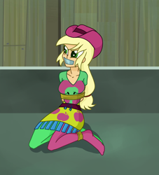 Size: 1484x1631 | Tagged: safe, artist:splendidbondage, derpibooru import, part of a set, applejack, equestria girls, arm behind back, bondage, bound and gagged, clothes, cowboy hat, female, gag, hat, kneeling, rainbow rocks outfit, rope, rope bondage, set:rainbooms in bondage, skirt, solo, stocking feet, tape, tape gag