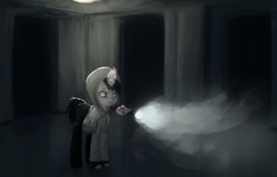 Size: 2000x1278 | Tagged: safe, artist:menalia, derpibooru import, pony, unicorn, bag, clothes, cry of fear, dark room, flashlight (object), gloves, hoodie, horn, male, pants, scared, shoes, stallion