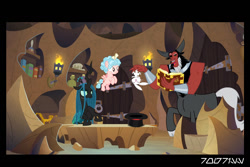 Size: 1288x858 | Tagged: safe, derpibooru import, edit, edited screencap, editor:teren rogriss, screencap, angel bunny, cozy glow, lord tirek, queen chrysalis, centaur, changeling, changeling queen, pegasus, pony, rabbit, season 9, the ending of the end, spoiler:s09, animal, book, evil lair, female, grogar's lair, hat, lair, top hat