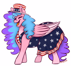 Size: 2804x2655 | Tagged: safe, artist:bellbell123, derpibooru import, oc, oc only, oc:bella pinksavage, pegasus, pony, 4th of july, clothes, dress, eyes closed, female, holiday, open mouth, pegasus oc, simple background, united states, white background