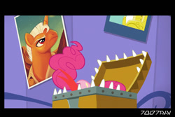 Size: 1288x858 | Tagged: safe, derpibooru import, edit, edited screencap, editor:teren rogriss, screencap, pinkie pie, earth pony, mimic, pony, the one where pinkie pie knows, chest, forked tongue, mimic chest, open chest, poster, smash fortune, teeth, this will not end well, tongue, tongue out, twilight's castle, vore