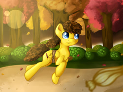 Size: 1280x965 | Tagged: safe, artist:appleneedle, derpibooru import, applejack, oc, oc:sunglow, earth pony, pegasus, pony, autumn, contest, forest, leaves, road, run, running of the leaves