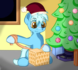 Size: 1280x1152 | Tagged: safe, artist:appleneedle, derpibooru import, oc, oc only, earth pony, pony, christmas, christmas tree, freckles, hat, holiday, present, room, santa hat, solo, tree, window