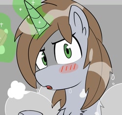 Size: 1139x1069 | Tagged: safe, artist:icey, derpibooru import, oc, oc only, oc:littlepip, pony, unicorn, fallout equestria, blushing, bust, chest fluff, cropped, female, glowing, glowing horn, horn, looking at you, magic, mare, open mouth, shower, soap, solo, telekinesis, wet, wet mane