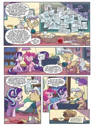 Size: 768x1024 | Tagged: safe, artist:michela cacciatore, derpibooru import, idw, applejack, big macintosh, blaze, high winds, mayor mare, pinkie pie, rarity, soarin', starlight glimmer, earth pony, pegasus, pony, unicorn, spoiler:comic, spoiler:comicgenerations03, desk, female, food, glasses, lamp, male, mare, muffin, my little pony: generations, shriek-yowl, watch, wonderbolts, yarn