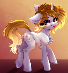 Size: 718x769 | Tagged: safe, artist:cabbage-arts, derpibooru import, oc, oc only, oc:pearl, pony, unicorn, chest fluff, commission, commissioner:pearl123, curved horn, dock, female, horn, looking at you, mare, smiling, smiling at you, solo, tongue, tongue out, unicorn oc