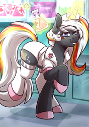 Size: 3508x4961 | Tagged: safe, artist:lrusu, derpibooru import, oc, oc only, oc:velvet remedy, pony, unicorn, fallout equestria, blushing, female, levitation, looking at you, magic, magic aura, mare, mint-als, nurse, nurse outfit, potion, smiling, smiling at you, solo, sultry, telekinesis