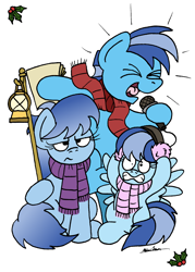 Size: 1566x2187 | Tagged: safe, artist:bobthedalek, derpibooru import, oc, oc only, oc:hard cyder, pegasus, pony, bad singing, caroling, clothes, earmuffs, hearth's warming, hearth's warming eve, lamp, lantern, microphone, scarf, simple background, unamused, white background